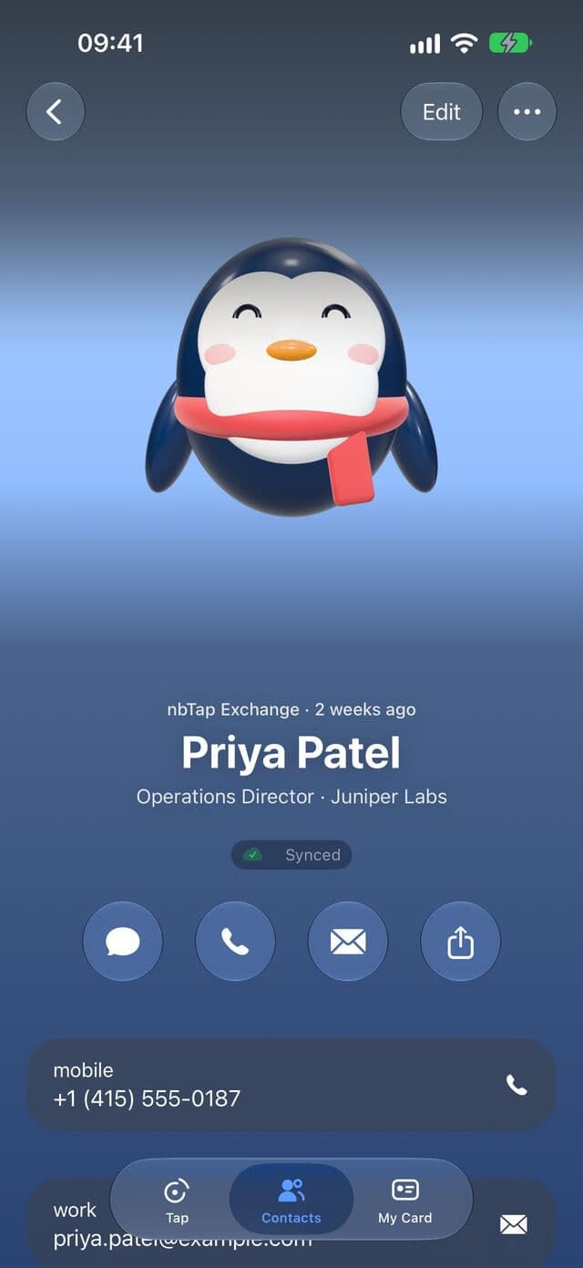 A contact in nbTap shown as a poster with a 3D penguin avatar