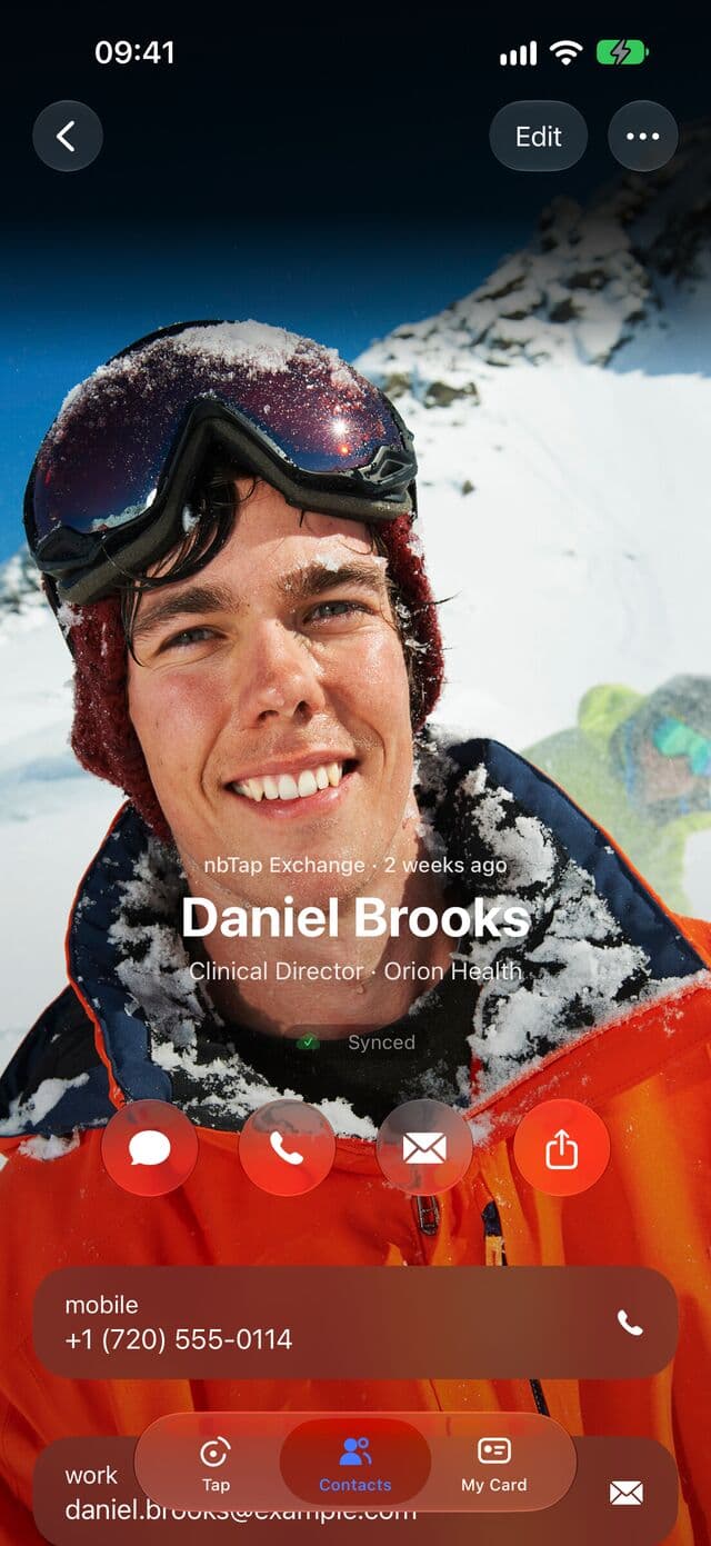 A contact in nbTap shown as a full-screen photo poster, with call, message and email buttons
