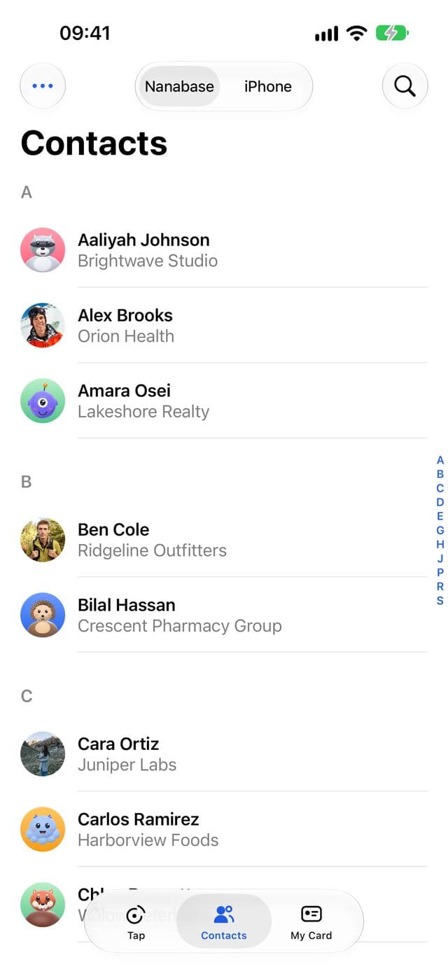 The nbTap contacts list, with photos for some people and 3D avatars for others