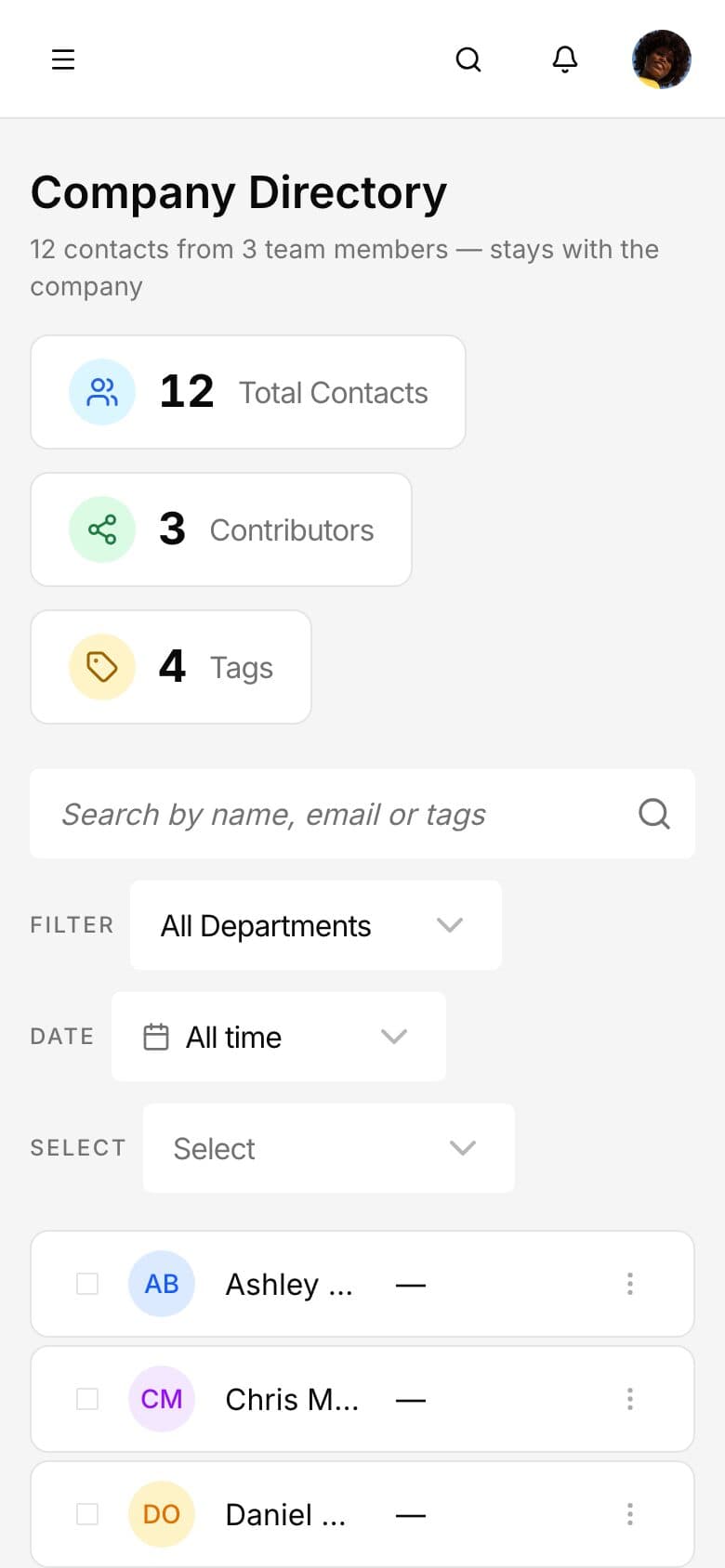 The company directory in the Nanabase web app on a phone