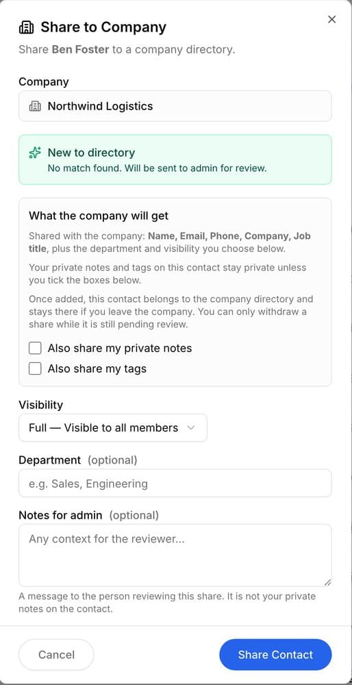 The Share to Company dialog in the Nanabase web app, showing exactly what the company gets